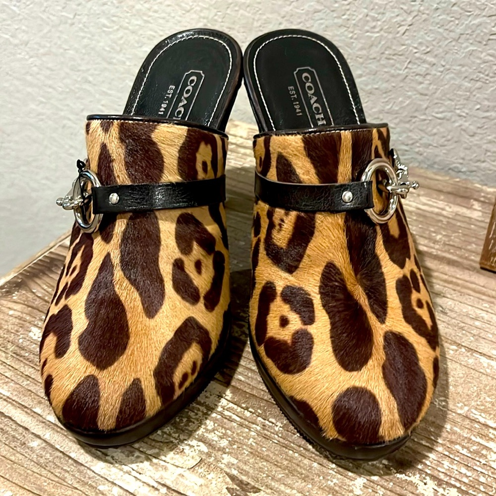 Coach Karsen Leopard Print Calf Hair Heeled Mules